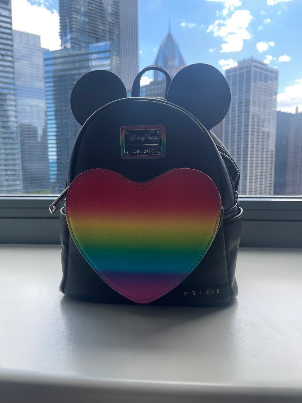 Disney Parks Loungefly Rainbow Heart Mickey Mouse Ears Mini Backpack Black